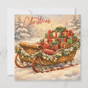 Watercolor Vintage Christmas Santa Sleight, Gifts Holiday Card