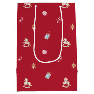 Watercolor Vintage Christmas Toy Red Medium Gift Bag