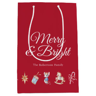 Watercolor Vintage Christmas Toy Red Medium Gift Bag