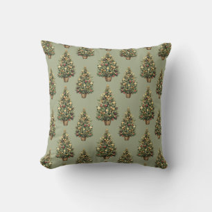 Watercolor Vintage Christmas Tree Green Holiday Cushion