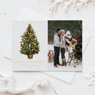 Watercolor Vintage Christmas Tree Photo Christmas Foil Holiday Postcard