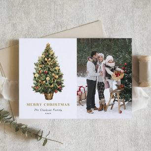 Watercolor Vintage Christmas Tree Photo Christmas Holiday Card