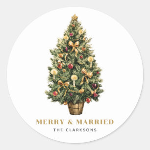 Watercolor Vintage Christmas Tree Wedding Holiday Classic Round Sticker