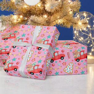 Watercolor Vintage Christmas Truck with Candy Wrapping Paper