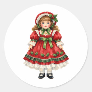 Watercolor Vintage Doll in Christmas Dress Classic Round Sticker
