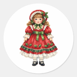 Watercolor Vintage Doll in Christmas Dress Classic Round Sticker