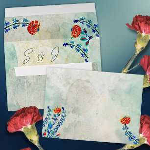 Watercolor Vintage Floral Blue & Red Wedding Envelope