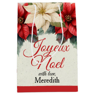 Watercolor Vintage Floral Red Poinsettia Christmas Medium Gift Bag