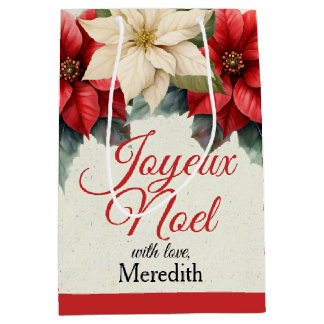 Watercolor Vintage Floral Red Poinsettia Christmas Medium Gift Bag