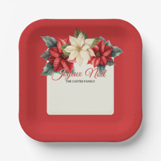 Watercolor Vintage Floral Red Poinsettia Christmas Paper Plate