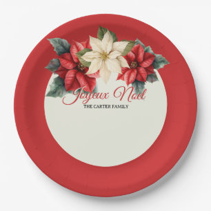 Watercolor Vintage Floral Red Poinsettia Christmas Paper Plate
