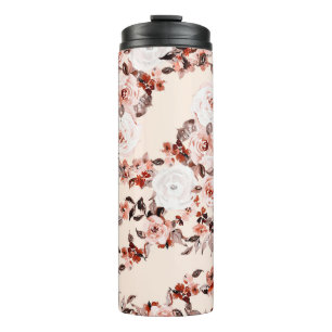 Watercolor vintage floral seamless pattern, brown thermal tumbler
