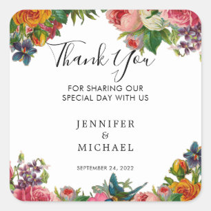 Watercolor vintage flowers Wedding Thank You Favou Square Sticker