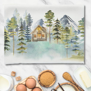 Watercolor Vintage Foggy Forest Mountain Cabin Tea Towel