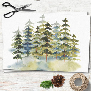 Watercolor Vintage Foggy Green Pine Forest Tissue Paper