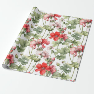 Watercolor Vintage Geranium Flowers and Leaves Wrapping Paper