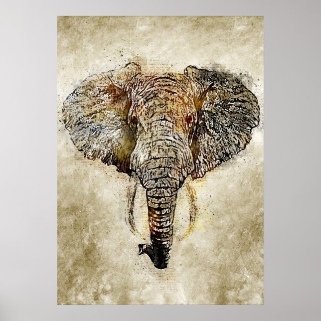 Watercolor Vintage Grunge Painting of Elephant Poster (Front)