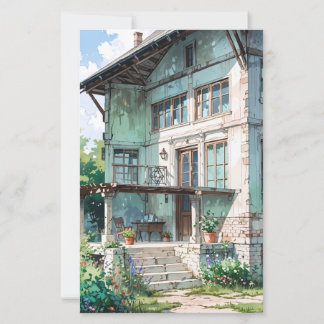 watercolor vintage house illustration card 