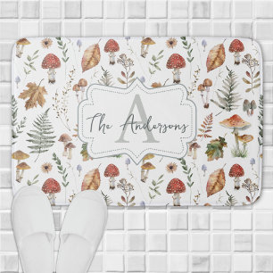 Watercolor Vintage Mushroom Fern Botanical Pattern Bath Mat