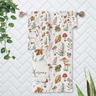 Watercolor Vintage Mushroom Fern Botanical Pattern Bath Towel Set