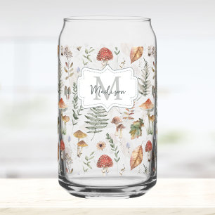Watercolor Vintage Mushroom Fern Botanical Pattern Can Glass
