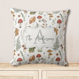 Watercolor Vintage Mushroom Fern Botanical Pattern Cushion
