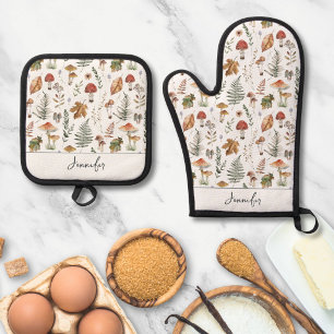Watercolor Vintage Mushroom Fern Botanical Pattern Oven Mitt & Pot Holder Set