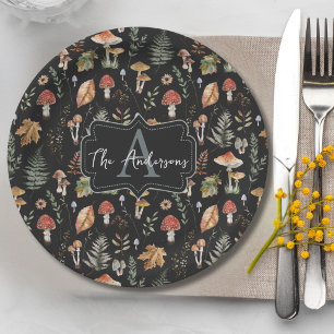 Watercolor Vintage Mushroom Fern Botanical Pattern Paper Plate