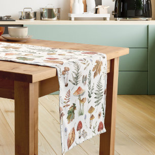 Watercolor Vintage Mushroom Fern Botanical Pattern Short Table Runner
