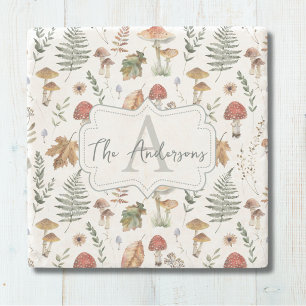 Watercolor Vintage Mushroom Fern Botanical Pattern Stone Coaster