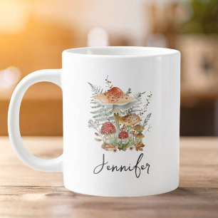 Watercolor Vintage Mushroom Fern Leaves Monogram Large Coffee Mug