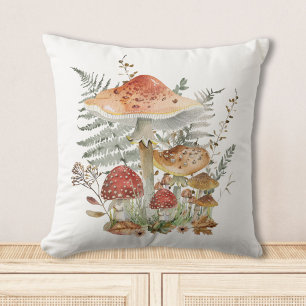 Watercolor Vintage Mushrooms and Fern Leaves Cushion