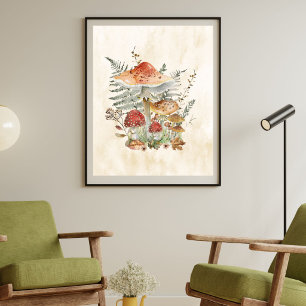 Watercolor Vintage Mushrooms and Ferns Leaves Poster