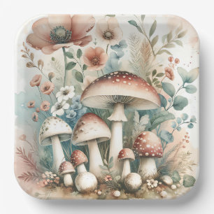 Watercolor Vintage Mushrooms and Flowers Wedding Paper Plate