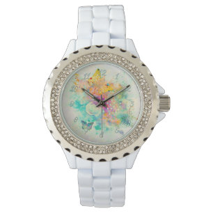 Watercolor Vintage Pastel Butterflies and Rose Watch