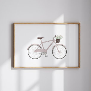 Watercolor vintage pink bike with flower poster