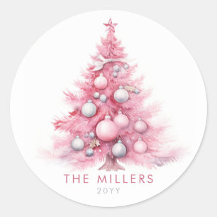 Watercolor Vintage Pink Christmas Tree Modern Classic Round Sticker