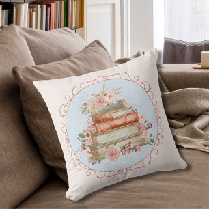 Watercolor Vintage Pink Roses and Book Floral Cushion