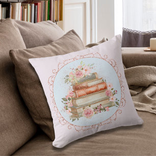 Watercolor Vintage Pink Roses and Book Floral Cushion