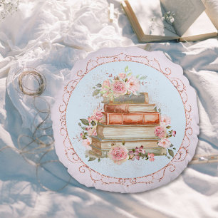 Watercolor Vintage Pink Roses and Book Floral Round Cushion