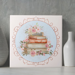 Watercolor Vintage Pink Roses and Books Floral Cut Tile