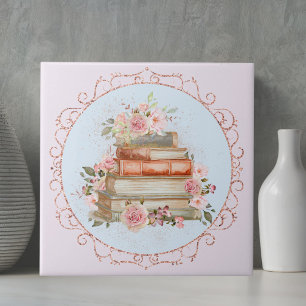 Watercolor Vintage Pink Roses and Books Floral Cut Tile