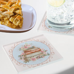 Watercolor Vintage Pink Roses and Books Floral  Glass Coaster