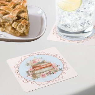 Watercolor Vintage Pink Roses and Books Floral  Square Paper Coaster