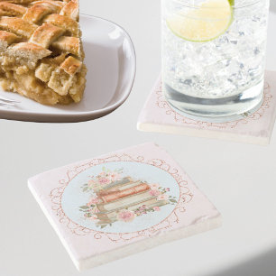 Watercolor Vintage Pink Roses and Books Floral  Stone Coaster