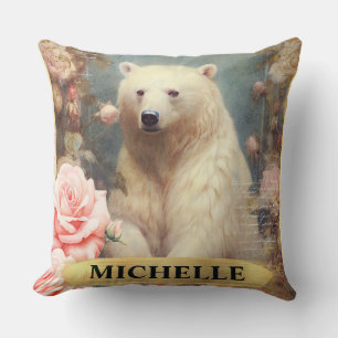 Watercolor Vintage Polar Bear and Pink Roses Cushion
