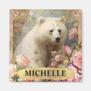 Watercolor Vintage Polar Bear and Pink Roses Magnet