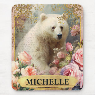 Watercolor Vintage Polar Bear and Pink Roses Mouse Mat