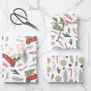 Watercolor Vintage Red Car Christmas Trees Wrapping Paper Sheet