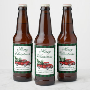 Watercolor Vintage Red Truck Christmas Green Plaid Beer Bottle Label